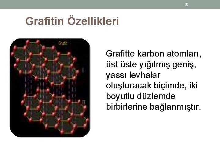 8 Grafitin Özellikleri Grafitte karbon atomları, üste yığılmış geniş, yassı levhalar oluşturacak biçimde, iki 8 Grafitin Özellikleri Grafitte karbon atomları, üste yığılmış geniş, yassı levhalar oluşturacak biçimde, iki