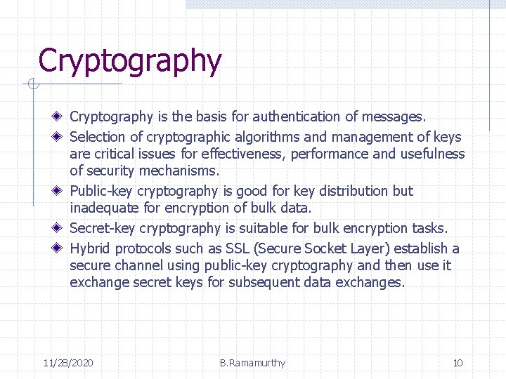 Cryptography is the basis for authentication of messages. Selection of cryptographic algorithms and management