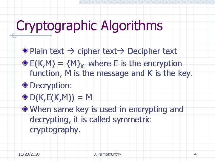 Cryptographic Algorithms Plain text cipher text Decipher text E(K, M) = {M}K where E