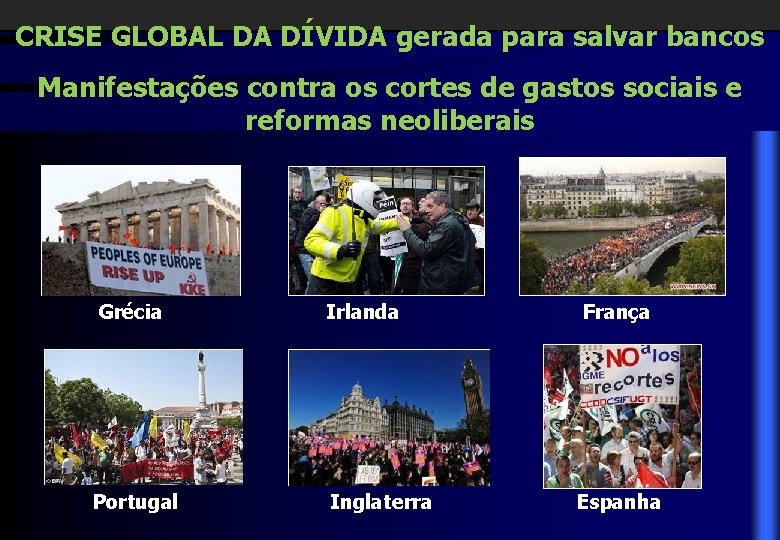 CRISE GLOBAL DA DÍVIDA gerada para salvar bancos Manifestações contra os cortes de gastos