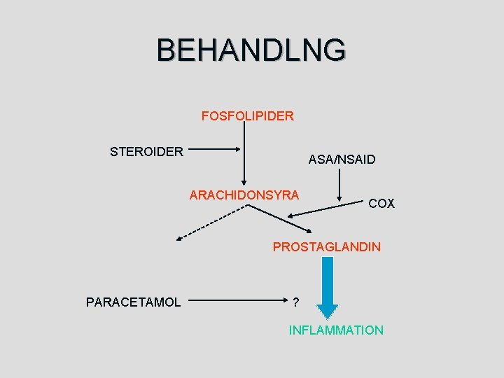 BEHANDLNG FOSFOLIPIDER STEROIDER ASA/NSAID ARACHIDONSYRA COX PROSTAGLANDIN PARACETAMOL ? INFLAMMATION 