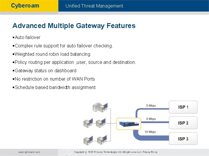 Cyberoam - Unified Threat Management Advanced Multiple Gateway Features §Auto failover §Complex rule support