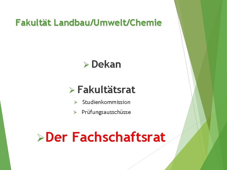 Fakultät Landbau/Umwelt/Chemie Ø Dekan Ø Fakultätsrat ØDer Ø Studienkommission Ø Prüfungsausschüsse Fachschaftsrat 