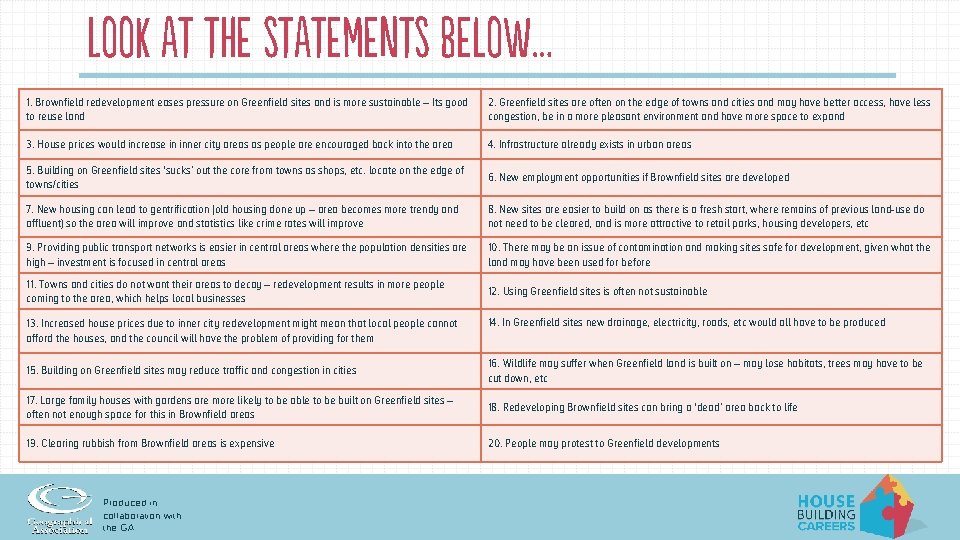Look at the statements below… 1. Brownfield redevelopment eases pressure on Greenfield sites and