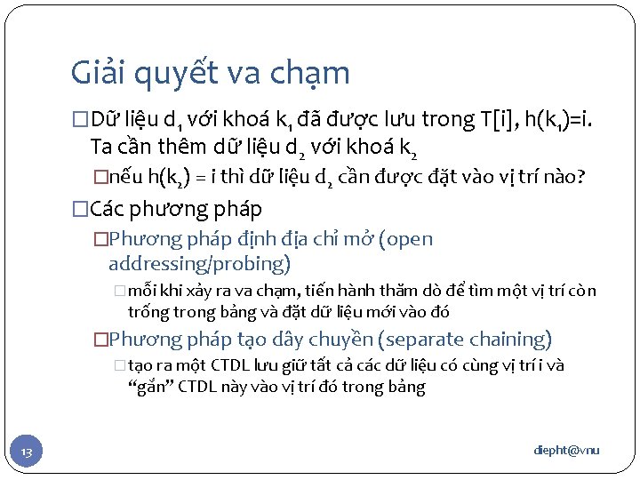 Giải quyết va chạm �Dữ liệu d 1 với khoá k 1 đã được