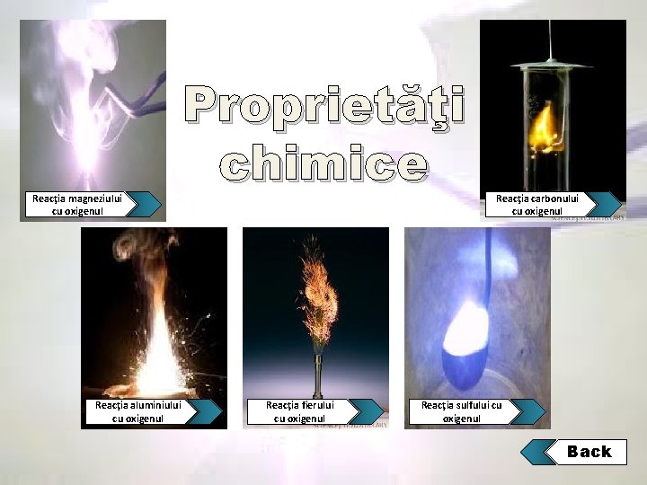 Reacţia magneziului cu oxigenul Reacţia aluminiului cu oxigenul Proprietăţi chimice Reacţia fierului cu oxigenul