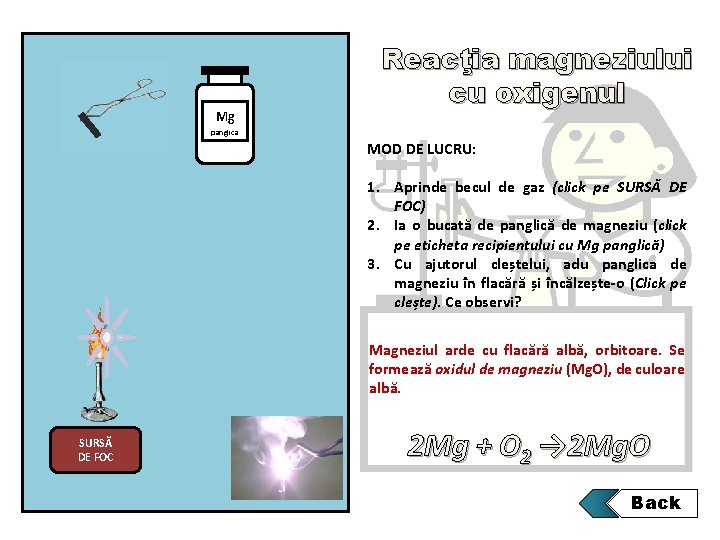 Mg Reacţia magneziului cu oxigenul panglica MOD DE LUCRU: 1. Aprinde becul de gaz Mg Reacţia magneziului cu oxigenul panglica MOD DE LUCRU: 1. Aprinde becul de gaz