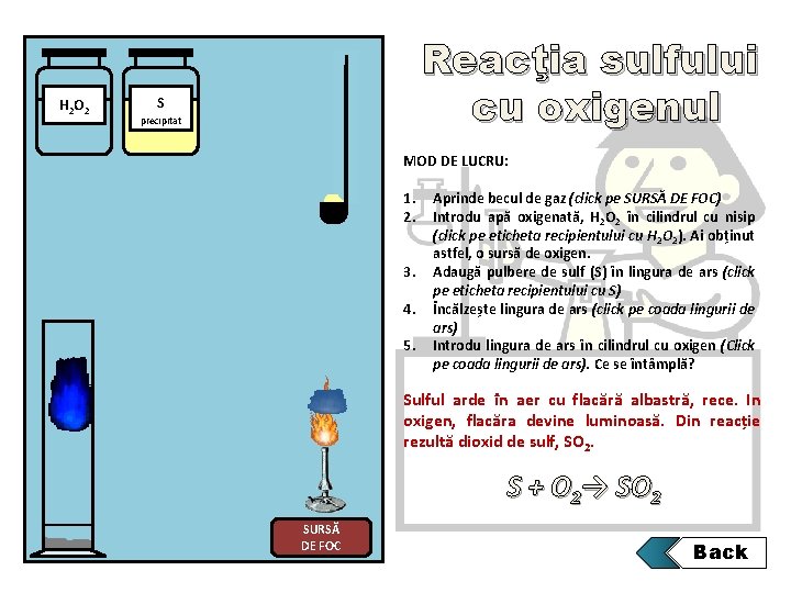 H 2 O 2 Reacţia sulfului cu oxigenul S precipitat MOD DE LUCRU: 1. H 2 O 2 Reacţia sulfului cu oxigenul S precipitat MOD DE LUCRU: 1.