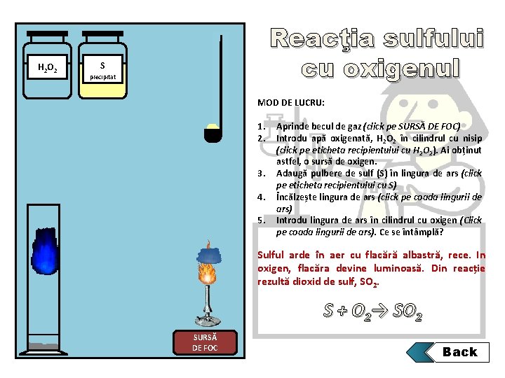 H 2 O 2 Reacţia sulfului cu oxigenul S precipitat MOD DE LUCRU: 1.