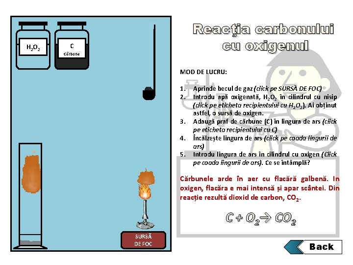 H 2 O 2 Reacţia carbonului cu oxigenul C Cărbune MOD DE LUCRU: 1.