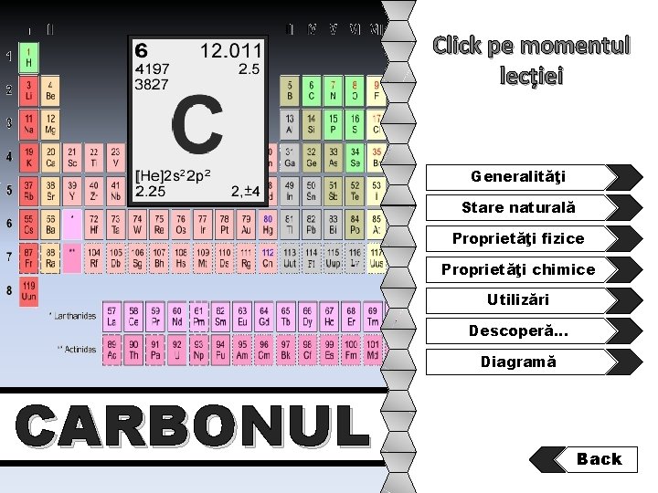 Click pe momentul lecției Generalităţi Stare naturală Proprietăţi fizice Proprietăţi chimice Utilizări Descoperă… Diagramă