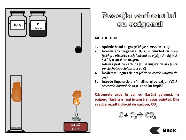 H 2 O 2 Reacţia carbonului cu oxigenul C Cărbune MOD DE LUCRU: 1.