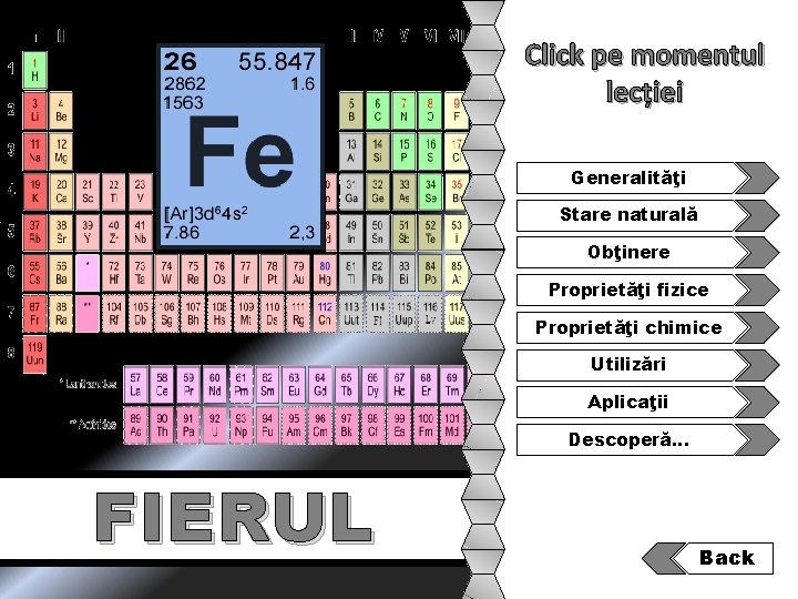 Click pe momentul lecției Generalităţi Stare naturală Obţinere Proprietăţi fizice Proprietăţi chimice Utilizări Aplicaţii