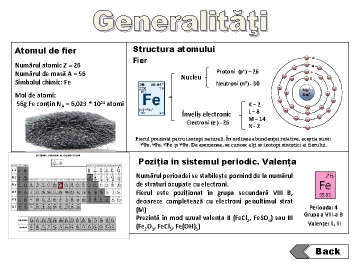 Generalităţi Atomul de fier Numărul atomic Z = 26 Numărul de masă A =