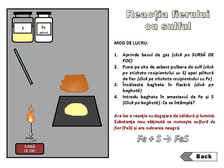 Fe S pilitură Reacția fierului cu sulful MOD DE LUCRU: 1. Aprinde becul de Fe S pilitură Reacția fierului cu sulful MOD DE LUCRU: 1. Aprinde becul de
