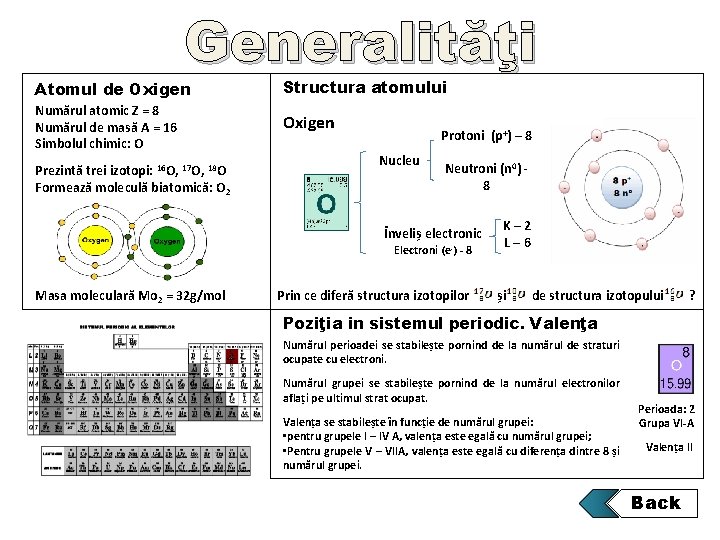 Generalităţi Atomul de Oxigen Structura atomului Numărul atomic Z = 8 Numărul de masă Generalităţi Atomul de Oxigen Structura atomului Numărul atomic Z = 8 Numărul de masă