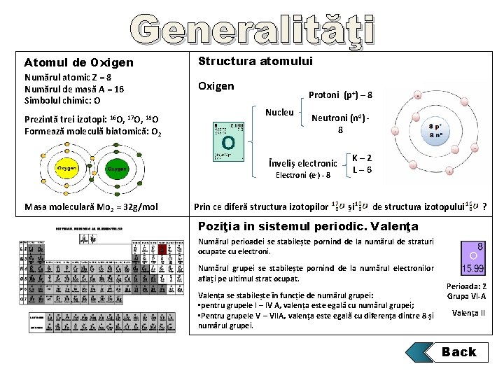 Generalităţi Atomul de Oxigen Structura atomului Numărul atomic Z = 8 Numărul de masă