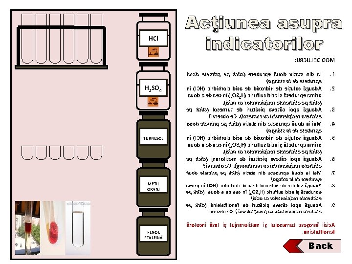 HCl Acţiunea asupra indicatorilor : URCUL ED DOM H 2 SO 4 TURNESOL METIL HCl Acţiunea asupra indicatorilor : URCUL ED DOM H 2 SO 4 TURNESOL METIL