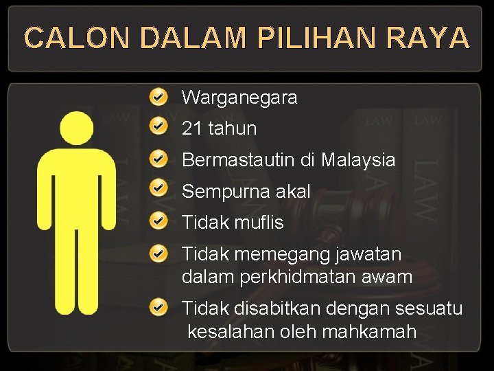 CALON DALAM PILIHAN RAYA Warganegara 21 tahun Bermastautin di Malaysia Sempurna akal Tidak muflis