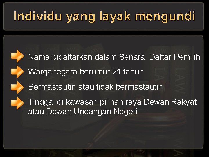 Individu yang layak mengundi Nama didaftarkan dalam Senarai Daftar Pemilih Warganegara berumur 21 tahun