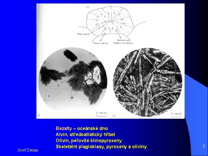 Josef Zeman Bazalty – oceánské dno Alvin, středoatlatický hřbet Olivín, péřovité klinopyroxeny Skeletální plagioklasy,