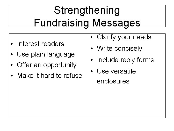 Strengthening Fundraising Messages • Interest readers • Use plain language • Offer an opportunity