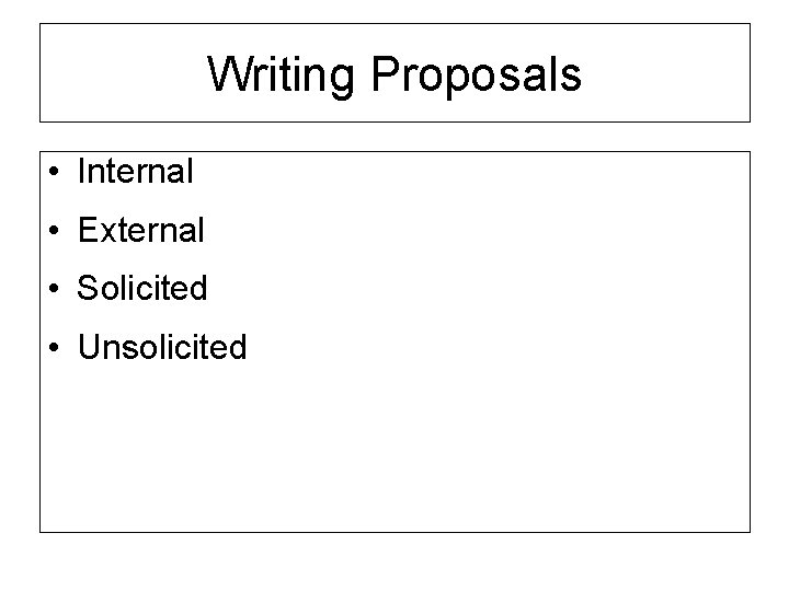 Writing Proposals • Internal • External • Solicited • Unsolicited 