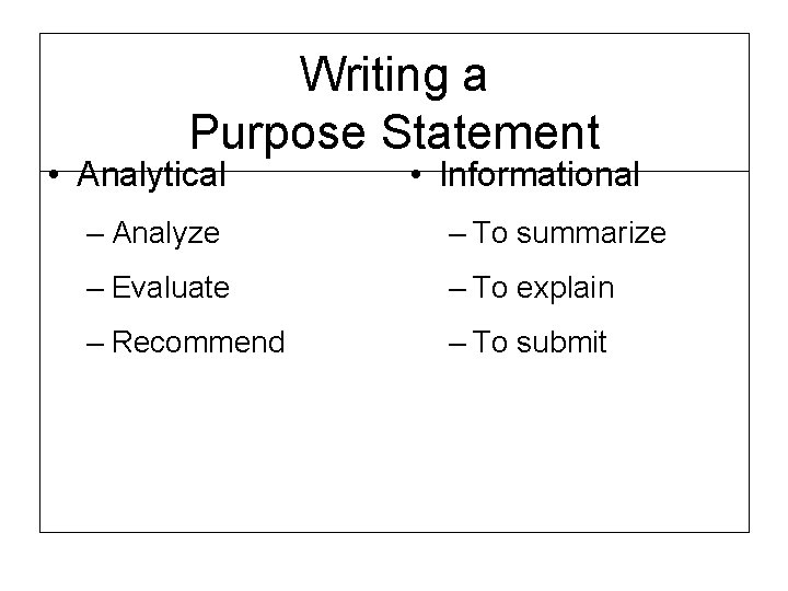 Writing a Purpose Statement • Analytical • Informational – Analyze – To summarize –