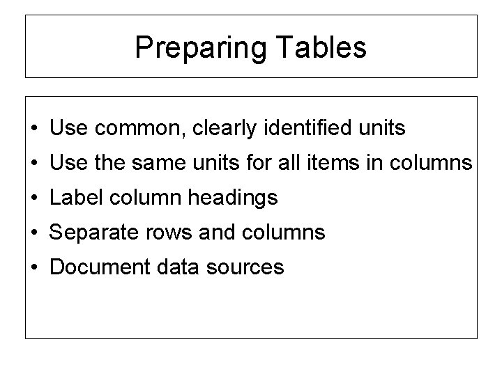 Preparing Tables • Use common, clearly identified units • Use the same units for