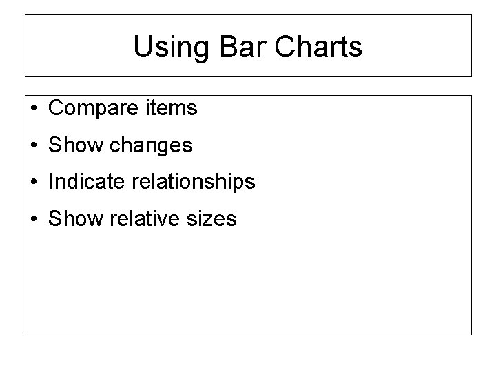 Using Bar Charts • Compare items • Show changes • Indicate relationships • Show