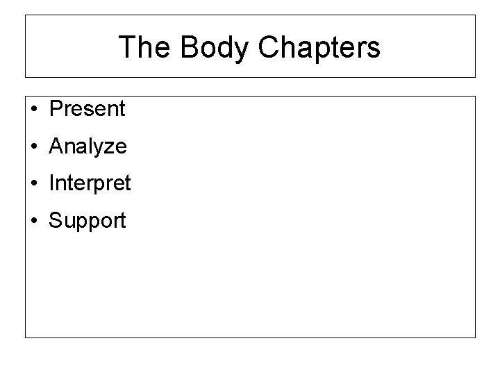 The Body Chapters • Present • Analyze • Interpret • Support 