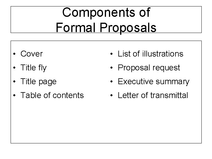 Components of Formal Proposals • Cover • List of illustrations • Title fly •