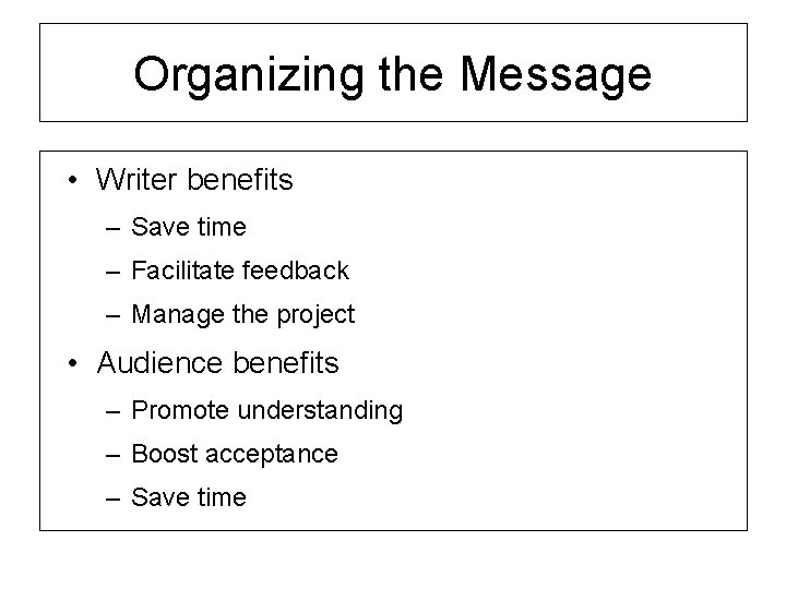 Organizing the Message • Writer benefits – Save time – Facilitate feedback – Manage