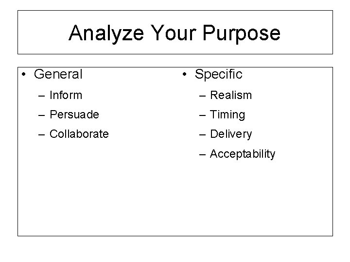 Analyze Your Purpose • General • Specific – Inform – Realism – Persuade –