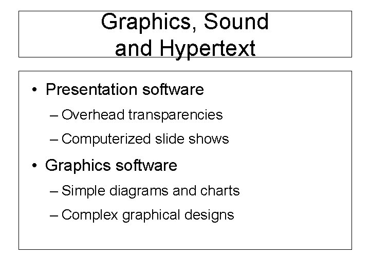 Graphics, Sound and Hypertext • Presentation software – Overhead transparencies – Computerized slide shows