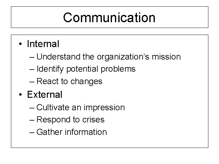 Communication • Internal – Understand the organization’s mission – Identify potential problems – React