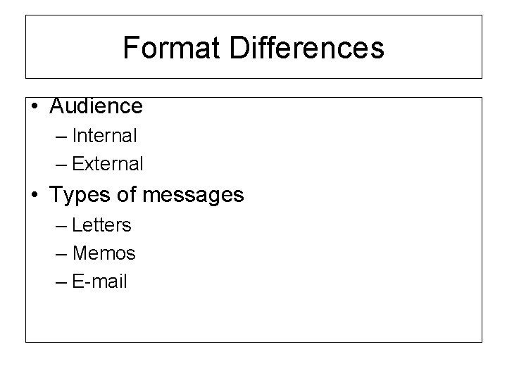 Format Differences • Audience – Internal – External • Types of messages – Letters