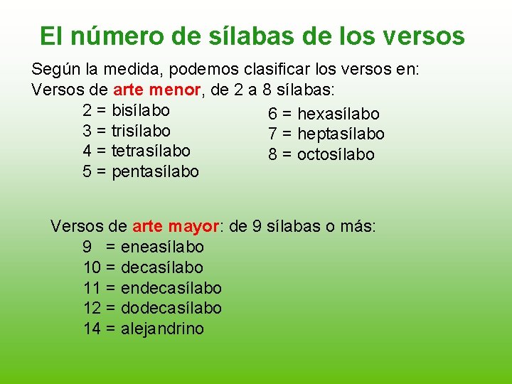 El número de sílabas de los versos Según la medida, podemos clasificar los versos