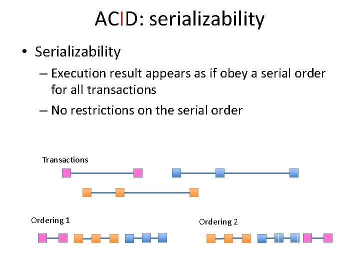 ACID: serializability • Serializability – Execution result appears as if obey a serial order