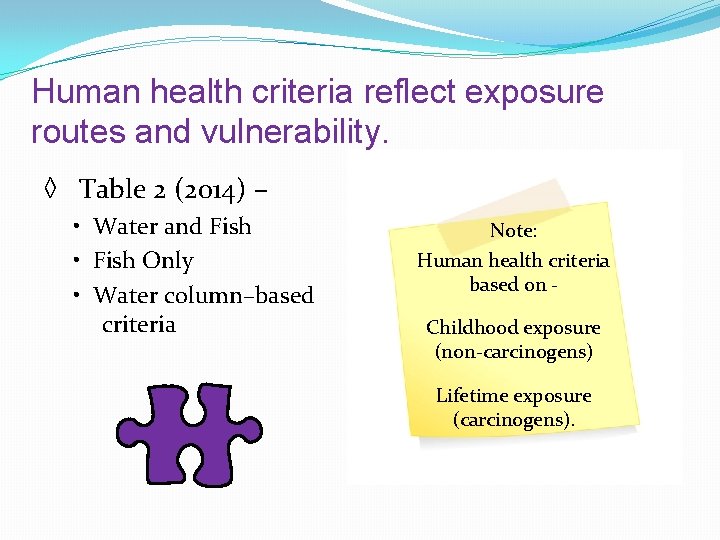 Human health criteria reflect exposure routes and vulnerability. ◊ Table 2 (2014) – •