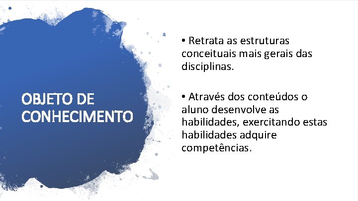  • Retrata as estruturas conceituais mais gerais das disciplinas. OBJETO DE CONHECIMENTO •