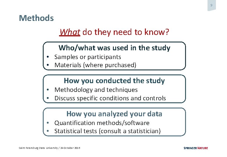 9 Methods What do they need to know? Who/what was used in the study