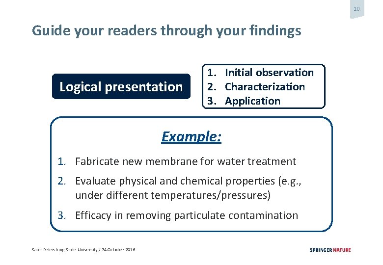 10 Guide your readers through your findings Logical presentation 1. Initial observation 2. Characterization