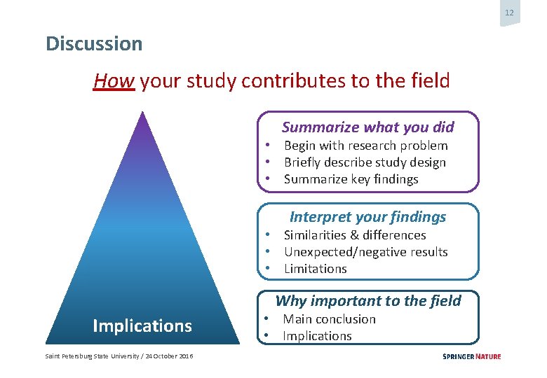 12 Discussion How your study contributes to the field Summarize what you did •