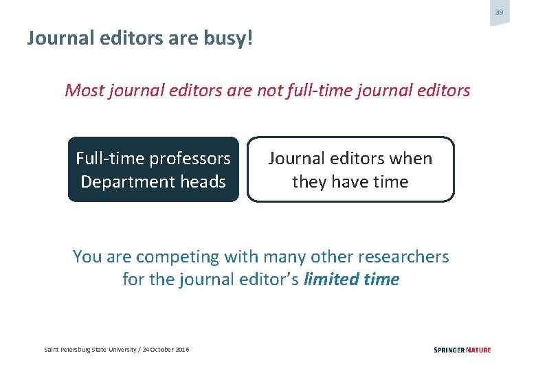 39 Journal editors are busy! Most journal editors are not full-time journal editors Full-time