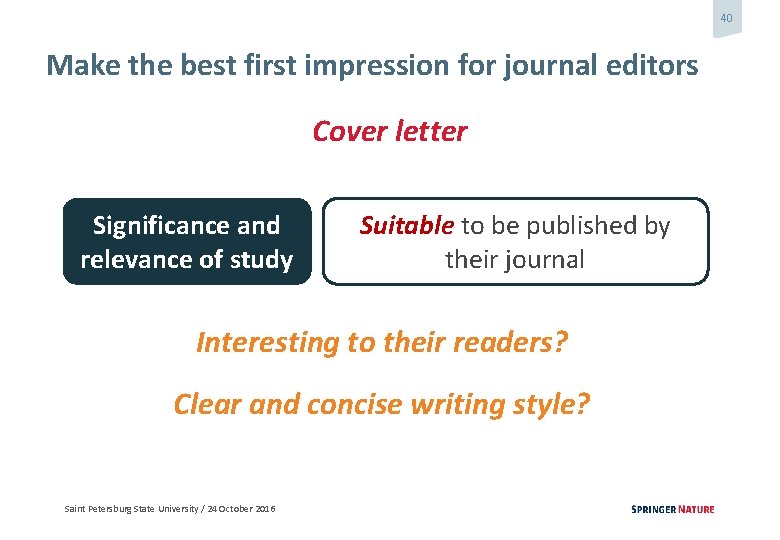 40 Make the best first impression for journal editors Cover letter Significance and relevance