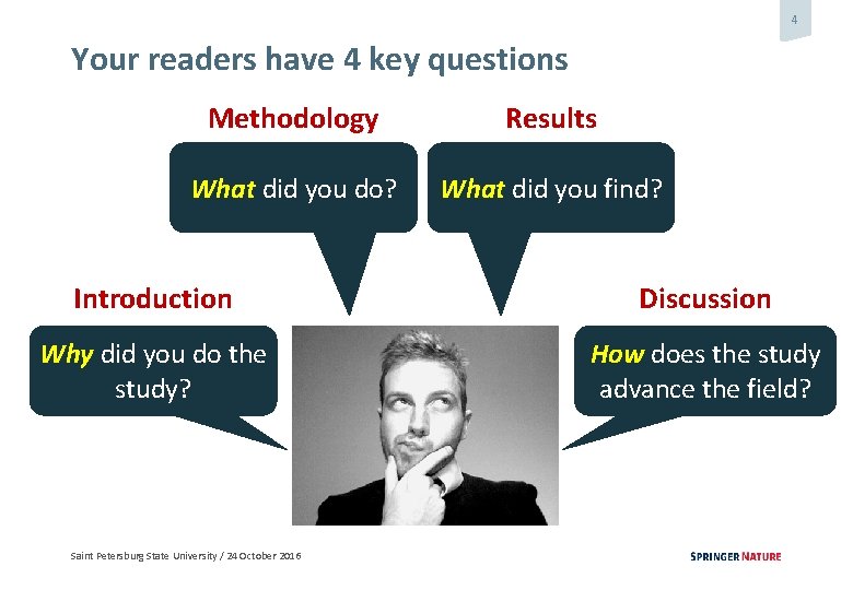 4 Your readers have 4 key questions Methodology Results What did you do? What