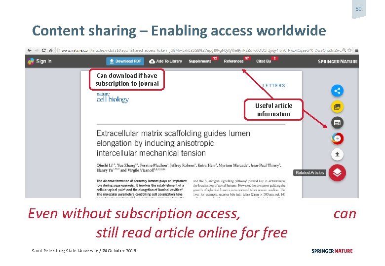 50 Content sharing – Enabling access worldwide Can download if have subscription to journal