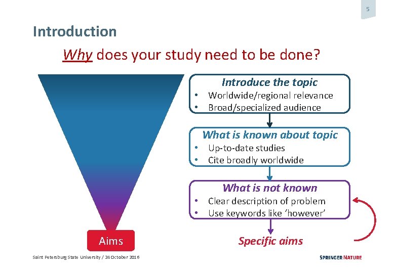 5 Introduction Why does your study need to be done? Introduce the topic •