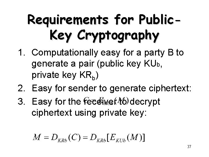Requirements for Public. Key Cryptography 1. Computationally easy for a party B to generate